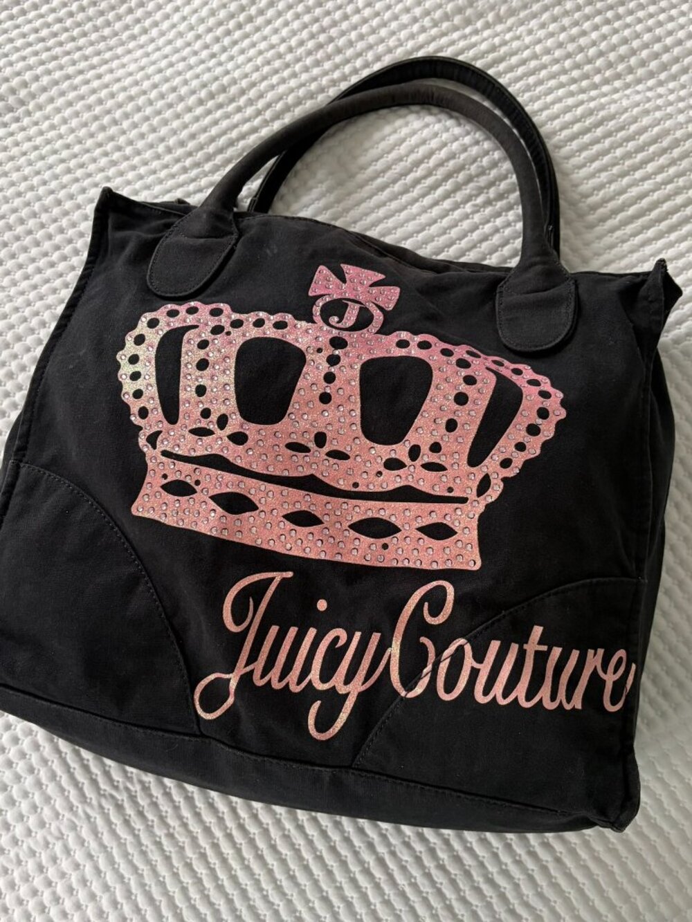 Juicy Couture Vintage Y2k Black Fabric Zip Shoulder Bag w/ pink bling logo